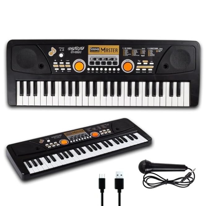 49-Key Musical Piano Keyboard with Microphone | 8 Rhythms, 16 Tones, 6 Demos, Song Record Feaure | Dual Power Supply (USB Included) | Black Color | Gift Box Packaging