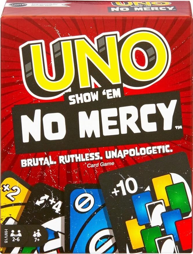 UNO Show ‘em No Mercy Card Game for Kids, Adults & Family Parties and Travel with Extra Cards, Special Rules and Tougher Penalties.